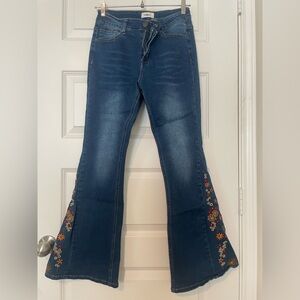 BAMBOO Dark Blue Flare Jeans with Floral Embroidery